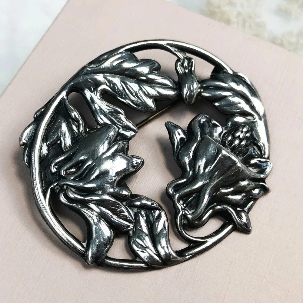 Huge thistle flower pin, large floral brooch silver tone
